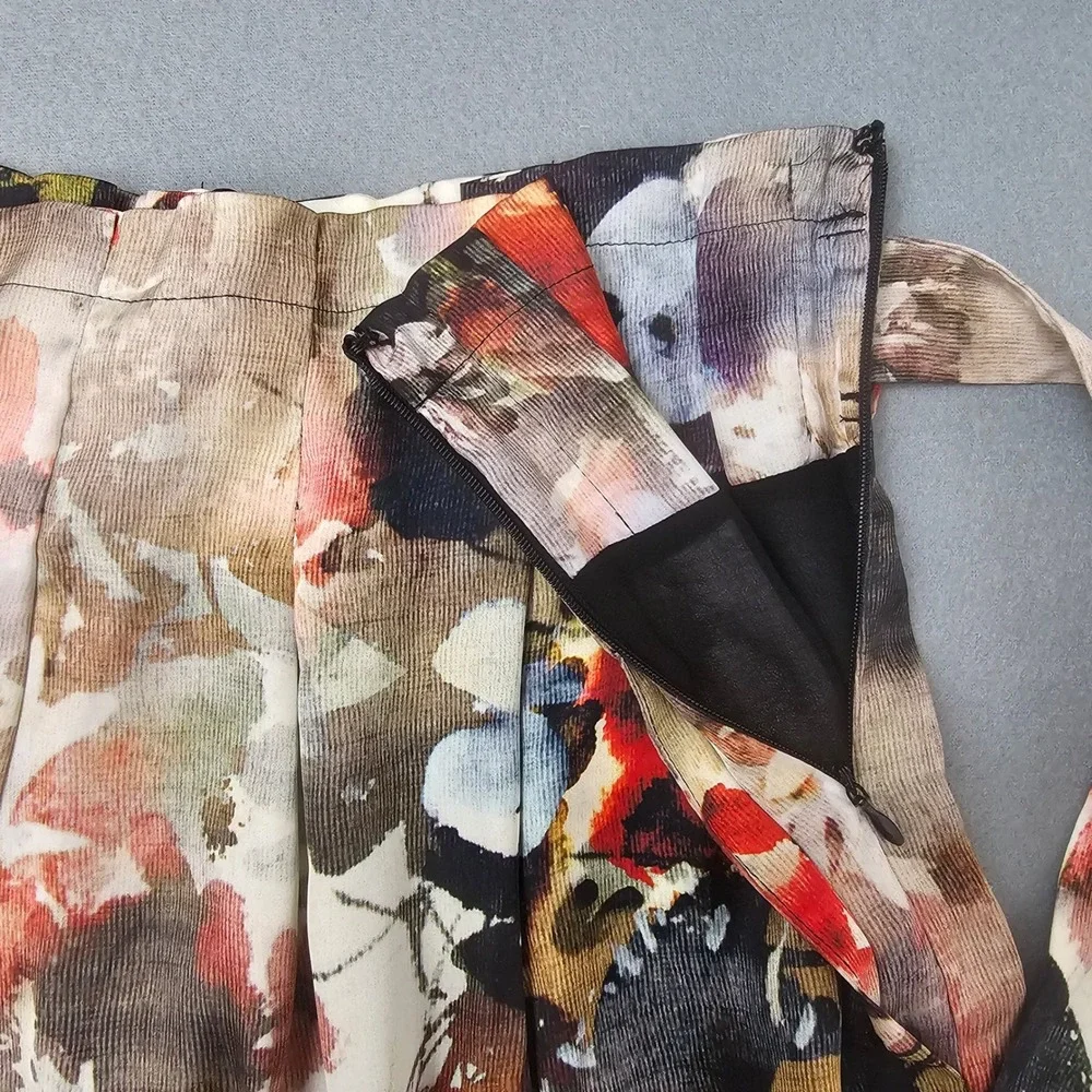 Matty M Midi Skirt L Womens Multi Floral A-Line Belted‎ Watercolor Pleated Artsy